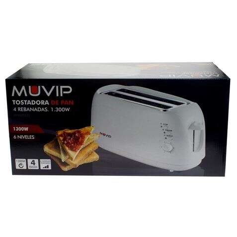 Muvip Tostadora de Pan 1300W - Capacidad para 4 Rebanadas - 6 Niveles de Tostado - Funcion Calentar, Descongelacion y Recalentar - Parada Automatica y Manual 1 pieza(s)