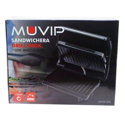 Muvip Sandwichera Grill Inox 750W - Placa Superior Basculante - Presion Uniforme - Asa Tacto Frio 1 pieza(s)