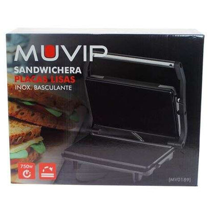 Muvip Sandwichera Inox Placa Lisa 750W - Placa Superior Basculante - Presion Uniforme - Asa Tacto Frio 1 pieza(s)