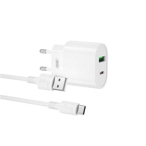 XO L81ATC Cargador de Corriente Tipo C y USB QC 3.0 20W + Cable Tipo C - Carga Rapida - Salida con Proteccion Inteligente - Color Blanco 1 pieza(s)