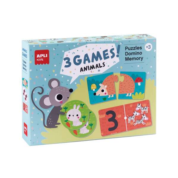 Apli Set de 3 juegos Animales: 1 Puzzle de 24 Piezas, 1 Domino de 36 Piezas y 1 Memory de 24 Piezas 1 pieza(s)