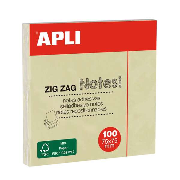 APLI - APLI NOTAS ADHESIVAS ZIGZAG CLASSIC 75X75MM BLOC 100H AMARILLO