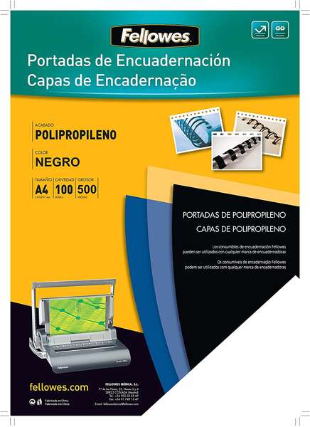 Fellowes - PACK 100 PORTADAS POLIPROPILENO NEGRO 450 MICRAS A4 FELLOWES 54772