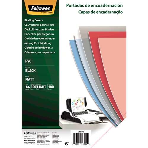 Fellowes - PACK 100 PORTADAS PVC OPACO NEGRO 180 MICRAS A4 FELLOWES 5100301