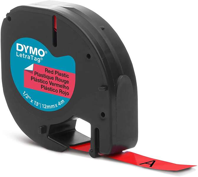 Dymo LetraTag S0721630 Cinta de Etiquetas Original para Rotuladora - Texto negro sobre fondo rojo - Ancho 12mm x 4 metros (91203) Tintasmurcia.com