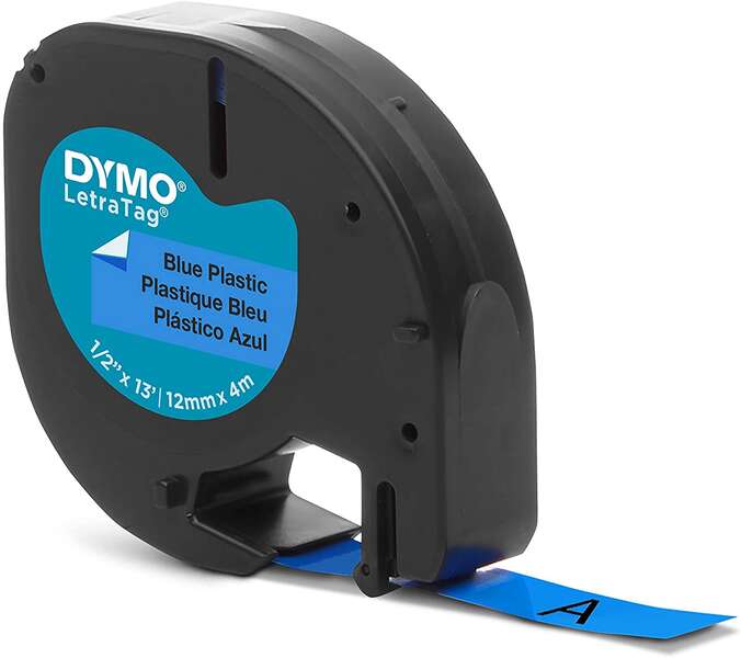 Dymo LetraTag S0721650 Cinta de Etiquetas Original para Rotuladora - Texto negro sobre fondo azul - Ancho 12mm x 4 metros (91205) Tintasmurcia.com