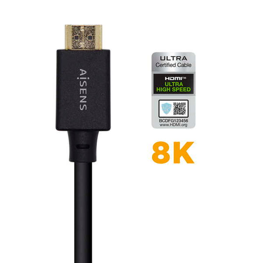 AISENS - Cable HDMI V2.1 Ultra Alta Velocidad / HEC Certificado 8k@60Hz 48Gbps  A/M-A/M  Negro  2.0m