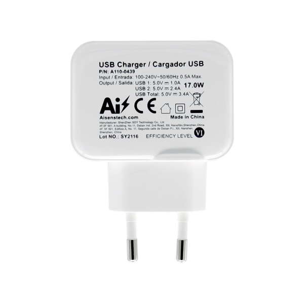 Aisens Cargador USB 17W 5V/3.4A - 2xUSB con Control AI - Color Blanco 1 pieza(s)