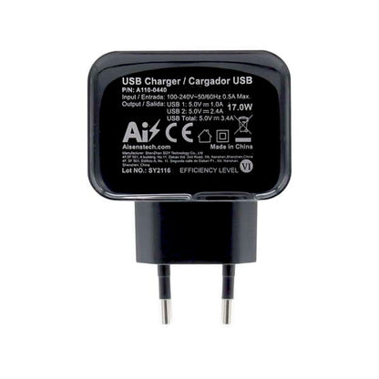 Aisens Cargador USB 17W 5V/3.4A - 2xUSB con Control AI - Color Negro 1 pieza(s)