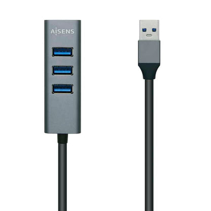 AISENS - Hub USB3.0 Aluminio  Tipo A/M - 4x Tipo A/H  Negro  10 cm