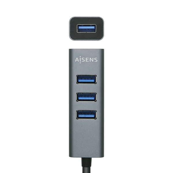 AISENS - Hub USB3.0 Aluminio  Tipo A/M - 4x Tipo A/H  Negro  10 cm