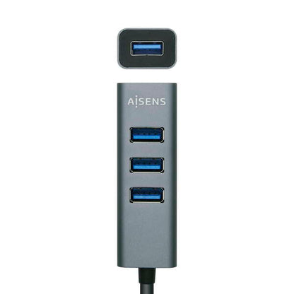 AISENS - Hub USB3.0 Aluminio  Tipo A/M - 4x Tipo A/H  Negro  10 cm