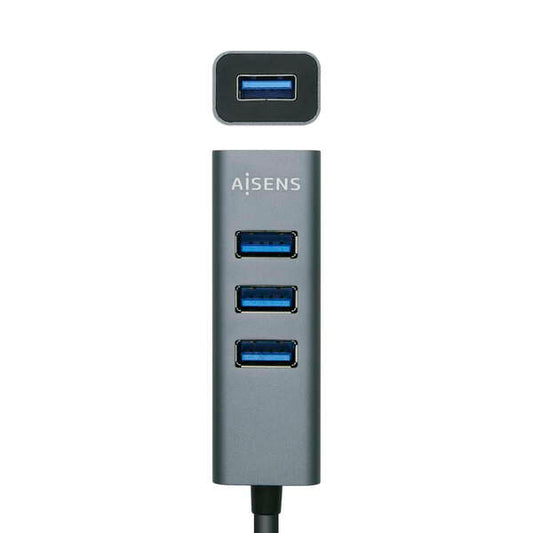 AISENS - Hub USB 3.1 USB-C  USB-C/M - 4x Tipo A/H  Gris  10 cm