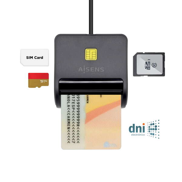 AISENS - Lector de Tarjeta Inteligente DNI con Lector de Tarjetas SIM  SD  Micro SD  MMC  RS-MMC  MMC Micro  Negro