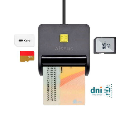 AISENS - Lector de Tarjeta Inteligente DNI con Lector de Tarjetas SIM  SD  Micro SD  MMC  RS-MMC  MMC Micro  Negro