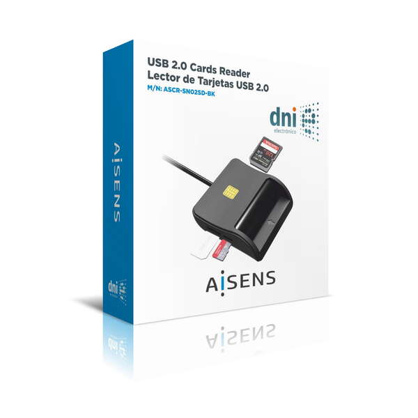 AISENS - Lector de Tarjeta Inteligente DNI con Lector de Tarjetas SIM  SD  Micro SD  MMC  RS-MMC  MMC Micro  Negro