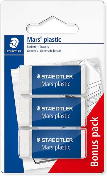 Staedtler Mars Plastic Pack de 3 Gomas de Borrar - Plastico - Alta Precision - Color Blanco 1 pieza(s)