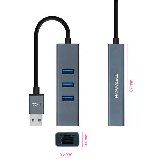 Nanocable - Conversor USB 3.0 a Ethernet Gigabit + 3XUSB 3.0  Aluminio  Gris  15 cm