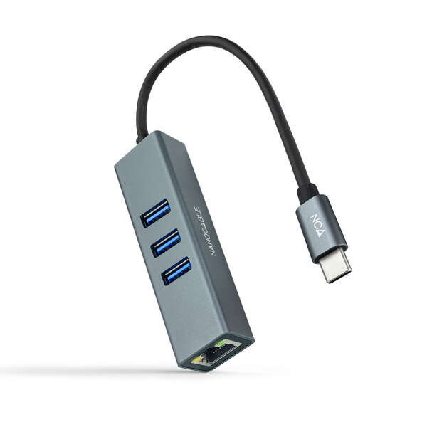 Nanocable - Conversor USB-C a Ethernet Gigabit + 3XUSB 3.0  Aluminio  Gris  15 cm