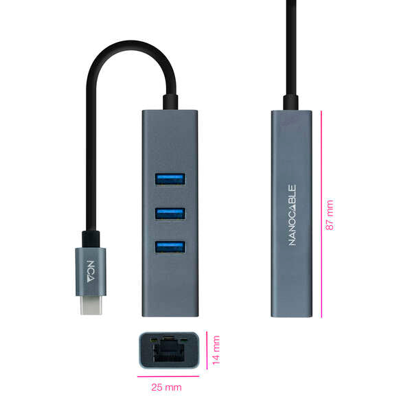 Nanocable - Conversor USB-C a Ethernet Gigabit + 3XUSB 3.0  Aluminio  Gris  15 cm