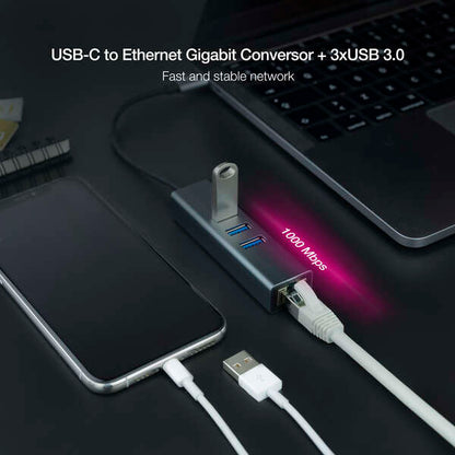 Nanocable - Conversor USB-C a Ethernet Gigabit + 3XUSB 3.0  Aluminio  Gris  15 cm