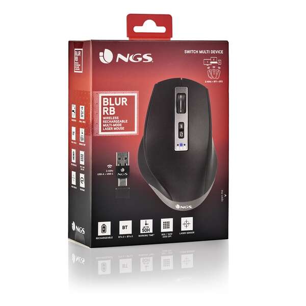 NGS Blur-RB Raton Inalambrico Multidispositivo Bluetooth USB 3200dpi - 5 Botones - Uso Diestro - Bateria Recargable 1 pieza(s)