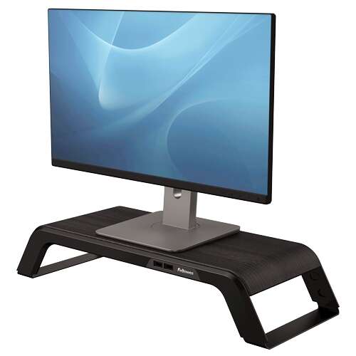 Fellowes Hana Soporte para Monitor - Ajustable en 3 Alturas - 4 Puertos USB - Base de Aluminio y Acabado en Madera - Hasta 22kg - Color Negro 1 pieza(s)