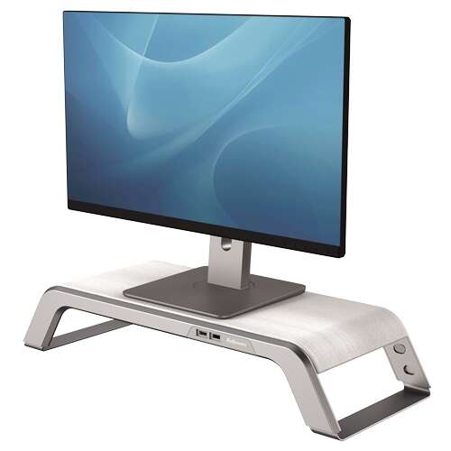 Fellowes Hana Soporte para Monitor - Ajustable en 3 Alturas - 4 Puertos USB - Base de Aluminio y Acabado en Madera - Hasta 22kg - Color Blanco 1 pieza(s)