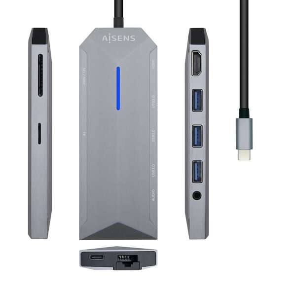 AISENS - USB-C Dock 9 en 1  USB-C a 1x HDMI  1xRJ45  3x USB  1x PD  1x Audio  1x SD  1x Micro SD  Gris  15 cm