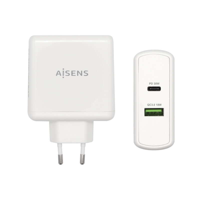 AISENS - Cargador 48 W  1x USB-C PD3.0 30 W  1x USB-A QC3.0 18 W  Blanco