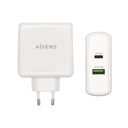 AISENS - Cargador 48 W  1x USB-C PD3.0 30 W  1x USB-A QC3.0 18 W  Blanco