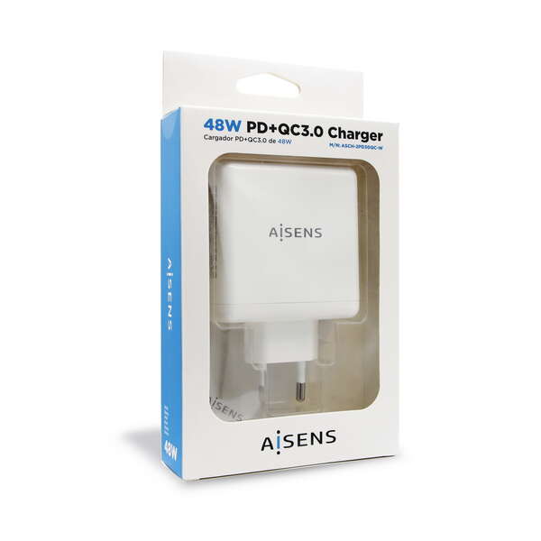 AISENS - Cargador 48 W  1x USB-C PD3.0 30 W  1x USB-A QC3.0 18 W  Blanco