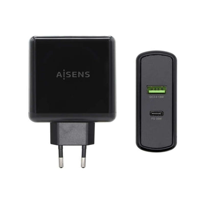 AISENS - Cargador 48 W  1x USB-C PD3.0 30 W  1x USB-A QC3.0 18 W  Negro