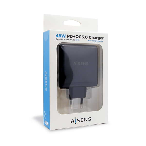 AISENS - Cargador 48 W  1x USB-C PD3.0 30 W  1x USB-A QC3.0 18 W  Negro