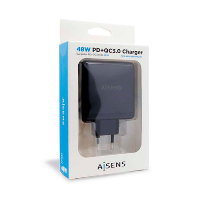 AISENS - Cargador 48 W  1x USB-C PD3.0 30 W  1x USB-A QC3.0 18 W  Negro