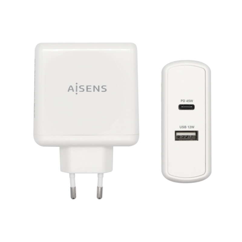 AISENS - Cargador 57 W  1x USB-C PD3.0 45 W  1x USB-A 5 V / 2.4 A 12 W  Blanco