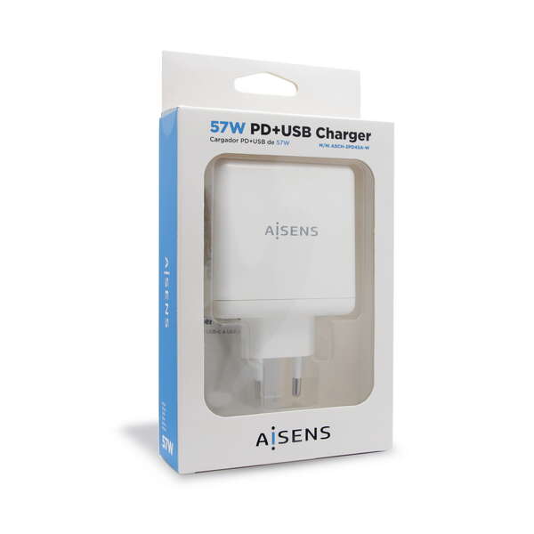 AISENS - Cargador 57 W  1x USB-C PD3.0 45 W  1x USB-A 5 V / 2.4 A 12 W  Blanco