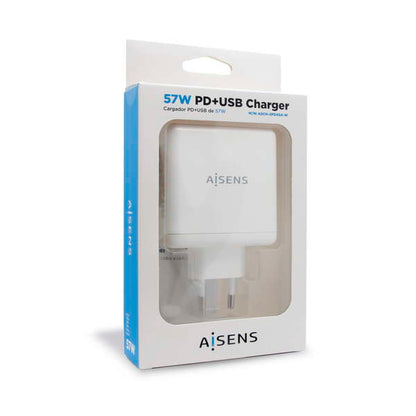 AISENS - Cargador 57 W  1x USB-C PD3.0 45 W  1x USB-A 5 V / 2.4 A 12 W  Blanco