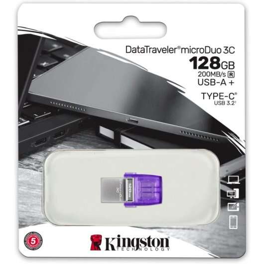 Kingston Technology - DataTraveler microDuo 3C unidad flash USB 128 GB USB Type-A / USB Type-C 3.2 Gen 1 (3.1 Gen 1) Acero inoxidable  Púrpura