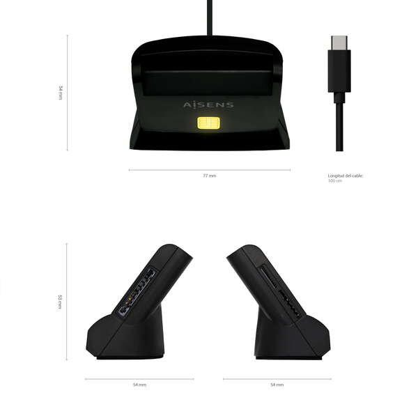 AISENS - Lector De Tarjeta Dni Con Lector De Tarjetas SIM  SD  Micro SD  MMC  RS-MMC  MMC Micro  USB-C  Negro