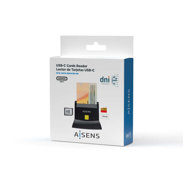 AISENS - Lector De Tarjeta Dni Con Lector De Tarjetas SIM  SD  Micro SD  MMC  RS-MMC  MMC Micro  USB-C  Negro