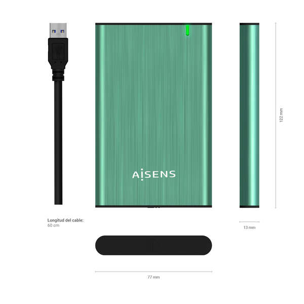 AISENS - Caja Externa 2.5" ASE-2525SGN 9.5 mm SATA A USB 3.0/USB 3.1 Gen1  Verde Primavera