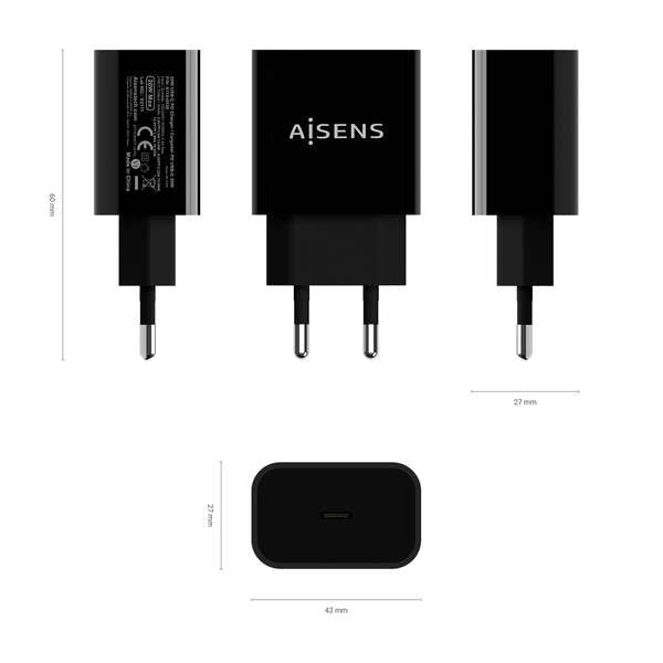 AISENS - Cargador USB-C PD3.0 1 Puerto 1x USB-C 20 W  Negro