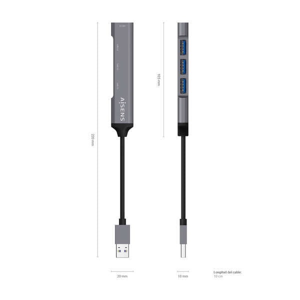 AISENS - Hub USB 3.0 Aluminio  Tipo A/M - 4x Tipo A/H  Gris  10cm