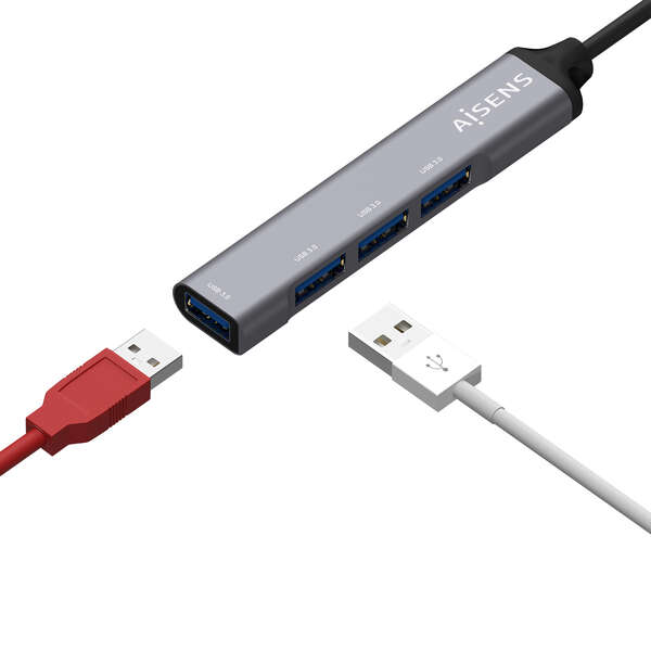 AISENS - Hub USB 3.1 USB-C  Tipo C/M - 4x Tipo A/H  Gris  10 cm