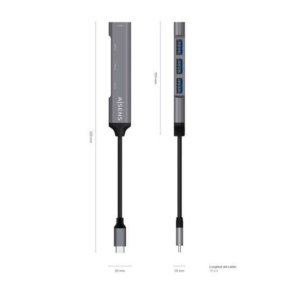 AISENS - Hub USB 3.1 USB-C  Tipo C/M - 4x Tipo A/H  Gris  10 cm