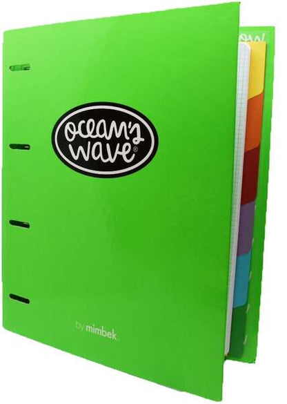 Oceans Wave Carpeta de Cartón Resistente - 4 Anillas Mixtas de 40mm - Cierre con Goma - Incluye 100 Hojas en Cuadricula de 90gr + 20 Gratis - Separadores en Carton de 6 Colores - Color Verde 1 pieza(s)