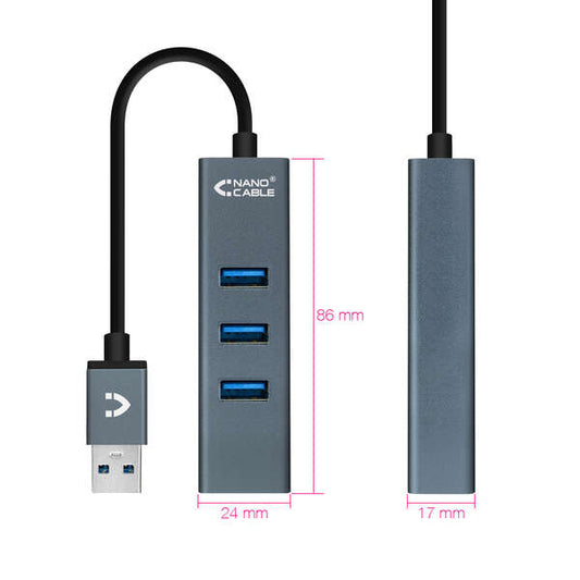 Nanocable - USB 3.0 4xUSB3.0. USB-A/M-USB 3.0/H  Gris  10 cm