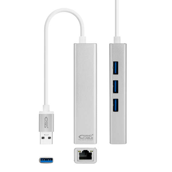 Nanocable Conversor USB 3.0 a Ethernet Gigabit + 3xUSB 3.0 - Aluminio - 15 cm - Color Plata 1 pieza(s)