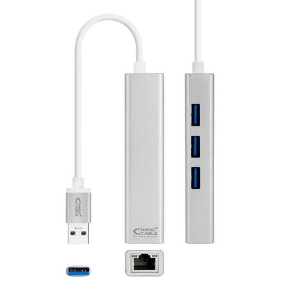 Nanocable Conversor USB 3.0 a Ethernet Gigabit + 3xUSB 3.0 - Aluminio - 15 cm - Color Plata 1 pieza(s)